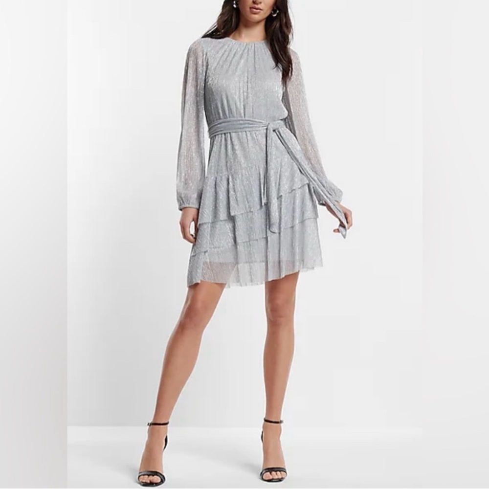 EXPRESS Metallic Silver Tiered Ruffle Mini Dress